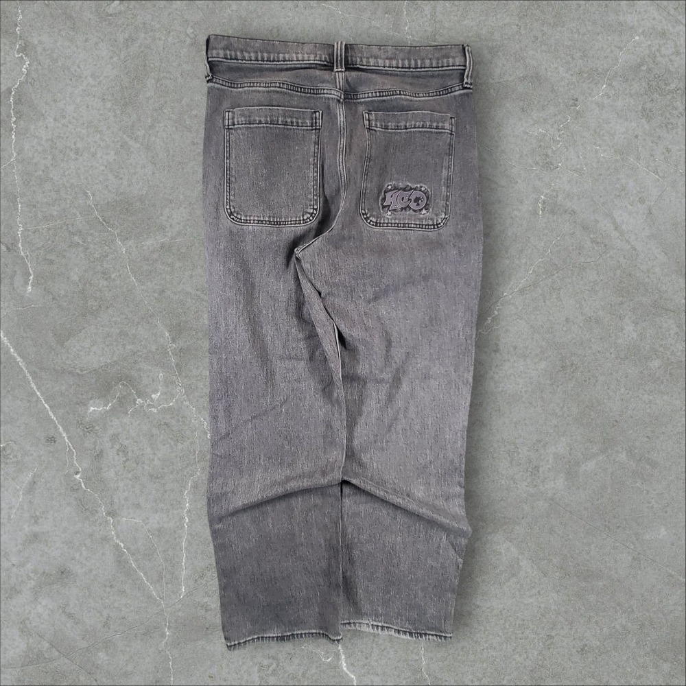 Hollister Baggy Jeans Mens 34x32 Faded Black Relaxed Fit Graphic Y2K Embroidered